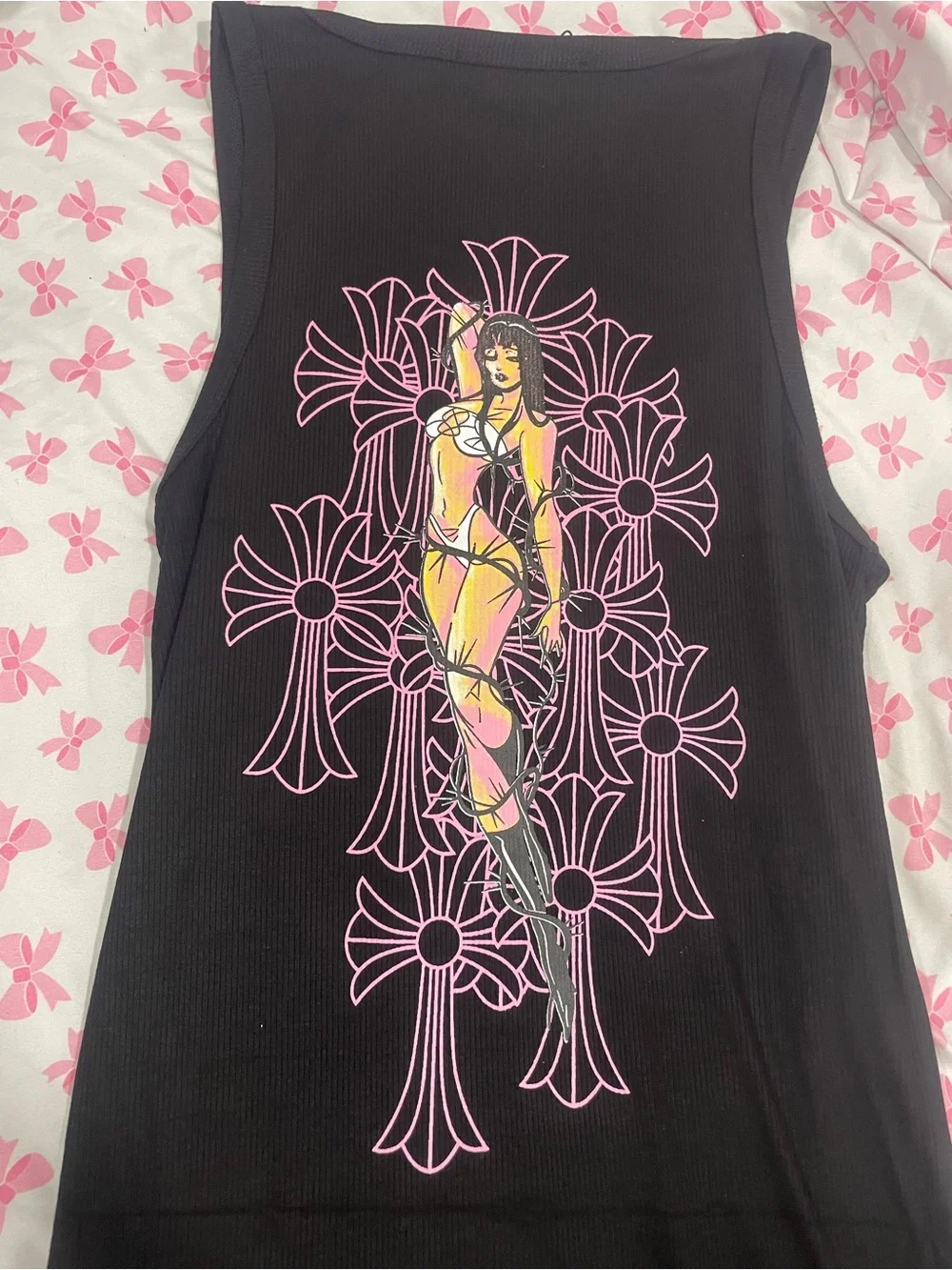 Chrome hearts deadly doll Graphic Tank Top with Pink Floral Cross Design - Picture 1 of 4